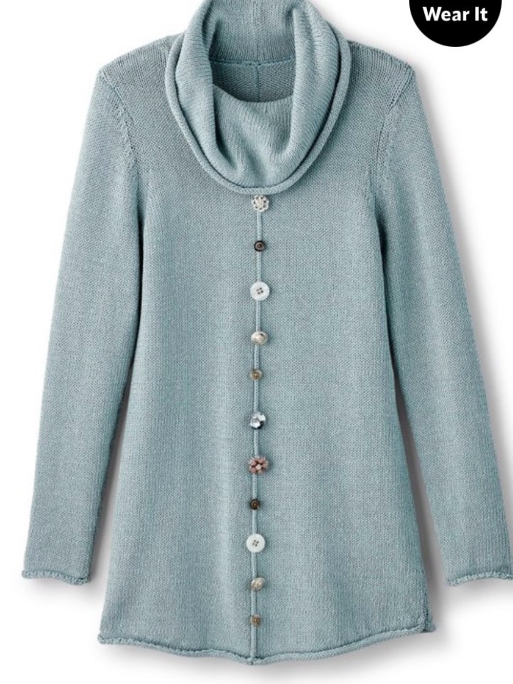 Soft Surroundings Light Blue Cowl-Neck Sweater with Button Detail